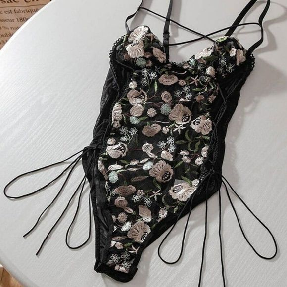 Romantic Floral Embroidered Sheer Lace Bodysuit - BLACK - Picture 5 of 7